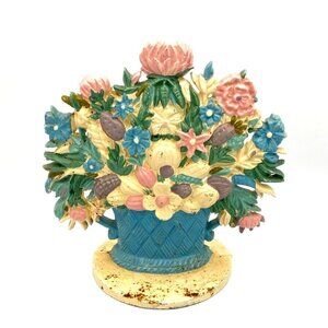 Vintage Cast Iron Painted Floral Doorstop Basket of Flowers Colorful Bouquet